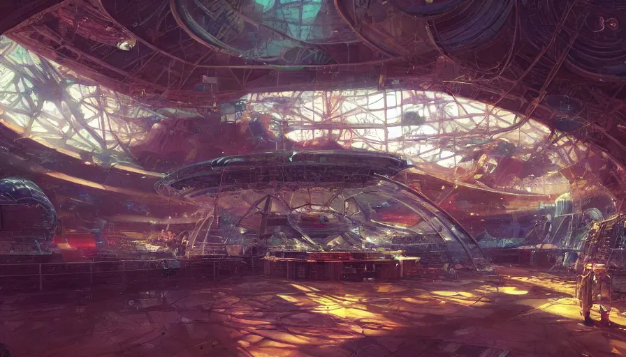 Image similar to craig mullins and ghibli digital illustration of a giant biodome in outer space, astrophotography, colorful, unreal engine, hyper realism, realistic shading, cinematic composition, realistic render, octane render, detailed textures, photorealistic, wide shot,