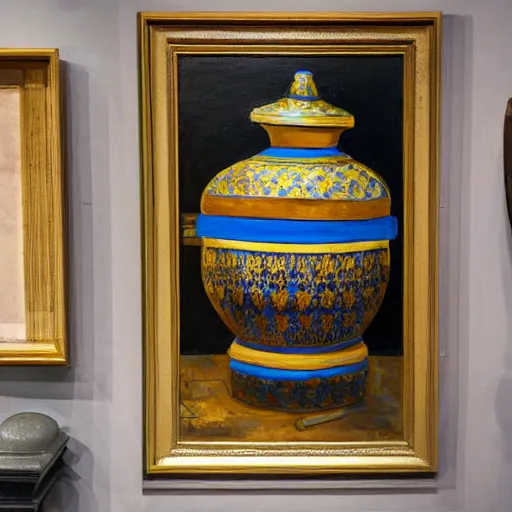 Prompt: a painting of a urn is on display alongside an inscription, famous urns urns from the city's history