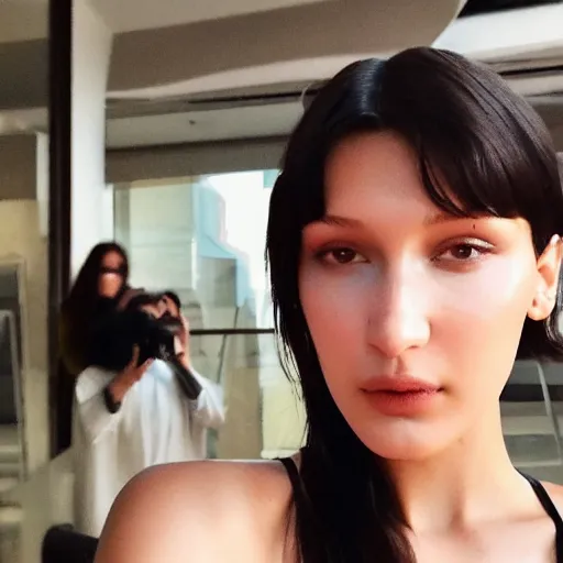 Image similar to bella hadid taking a selfie in seoul, photorealistic, dynamic light, ultra detailed