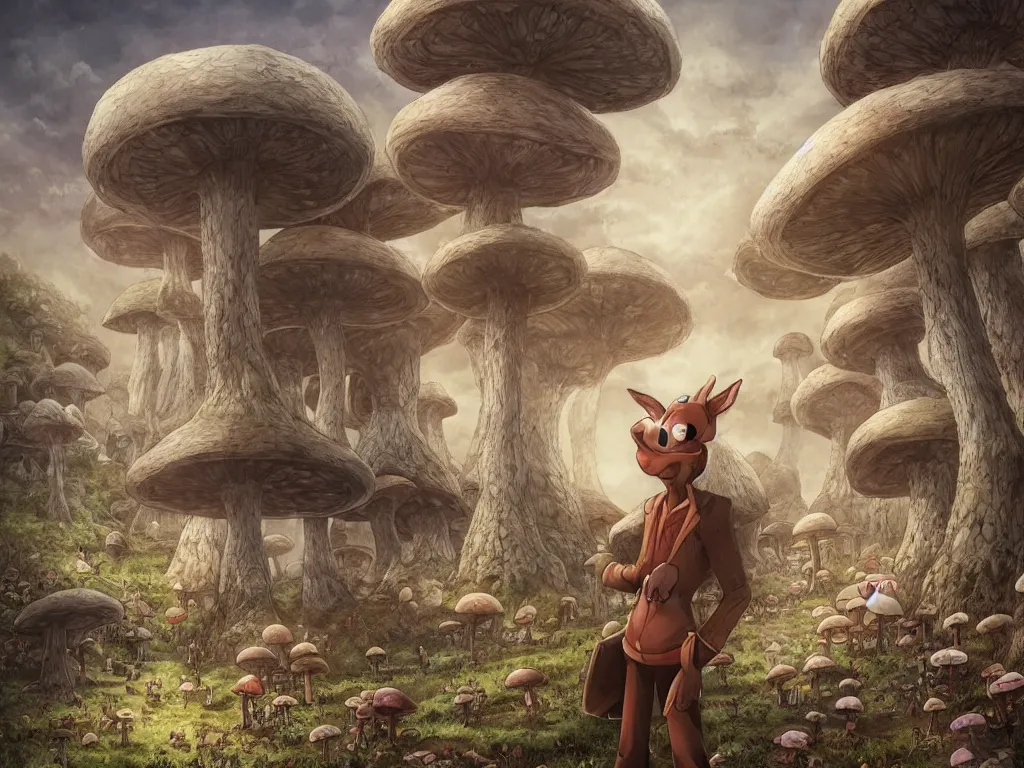 Image similar to A centered chest up portrait of an anthropomorphic mule, magic mushroom village in background, award winning. superb resolution. in the art style of junji Ito and greg rutkowski . Mule, Mule. Detailed Mushroom city in background. Hyper realistic anime. Perfect art. Dalle2