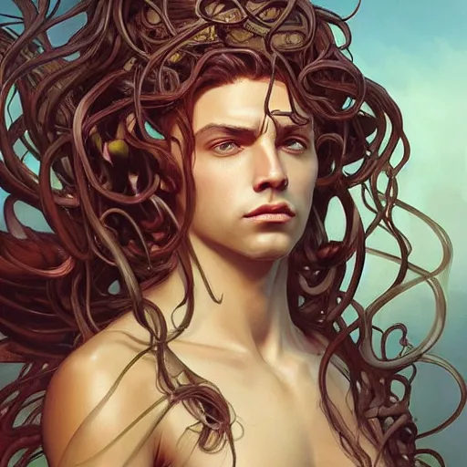 Prompt: male medusa, highly detailed, digital painting, artstation, concept art, smooth, sharp focus, illustration, art by artgerm and greg rutkowski and alphonse mucha