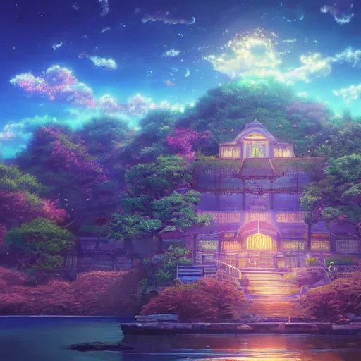 Image similar to the aesthetic view of the beautiful, grand, wistful, dreamy lonely island at dusk, hyperrealistic anime illustration by iralki nadar, colorful, extremely detailed, intricate linework, super sharp focus, bright colors, octopath traveler, studio ghibli, unreal engine 5 highly rendered, global illumination, radiant light, detailed and intricate environment