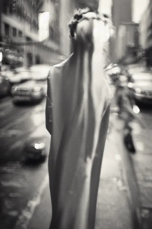 Image similar to close-up photography, ginger woman walking in New York, soft light, 35mm, film photo, Joel Meyerowitz