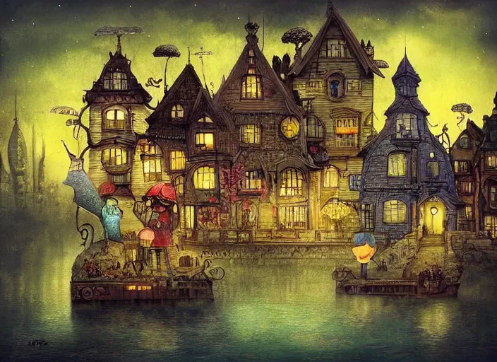 Prompt: ☕🍧🌆👴🏼, lowbrow, matte painting, in the style of alexander jansson,