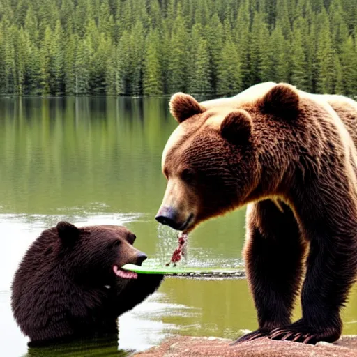 Prompt: a bear chugging a bear by a lake