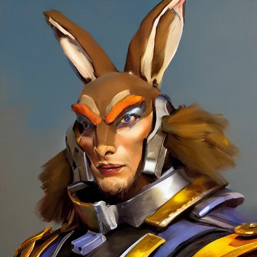 Image similar to greg manchess portrait painting of armored march hare from alice in wonderland as overwatch character, medium shot, asymmetrical, profile picture, organic painting, sunny day, matte painting, bold shapes, hard edges, street art, trending on artstation, by huang guangjian, gil elvgren, ruan jia, randy vargas, greg rutkowski