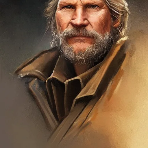 Image similar to portrait of a man by greg rutkowski, he looks like jeff bridges, wearing the military uniform of the corellian confederation, star wars expanded universe, he is about 5 0 years old, highly detailed portrait, digital painting, artstation, concept art, smooth, sharp foccus ilustration, artstation hq