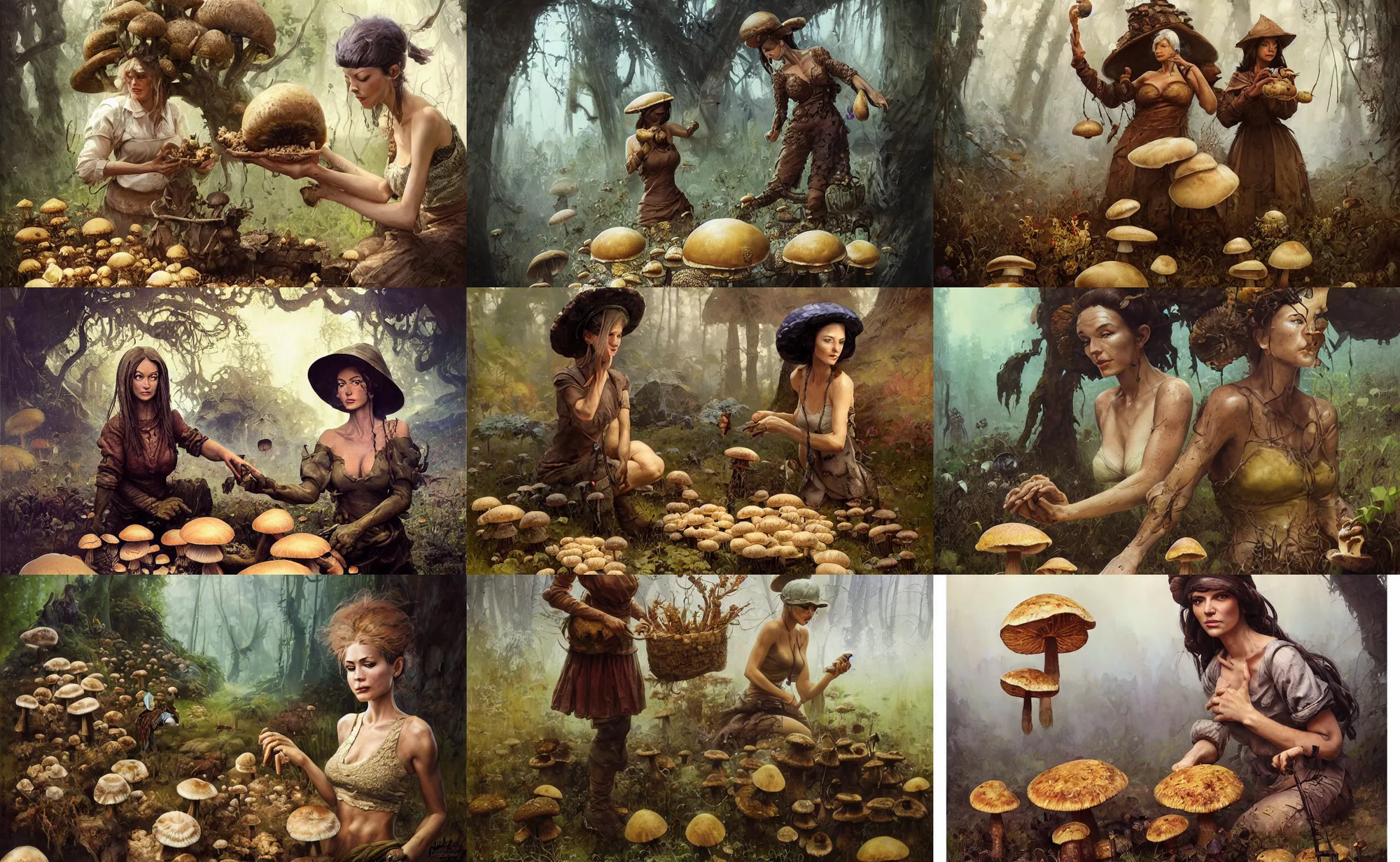 Prompt: A mixed media portrait painting of a mycologist woman tending her mushrooms, detailed face and eyes, slavic, by Frank Frazetta, Greg Rutkowski, Beeple, Boris Vallejo, Yoko Taro, Christian MacNevin, epic fantasy character art, high fantasy, CGsociety, full length, exquisite detail, post-processing, masterpiece, cinematic