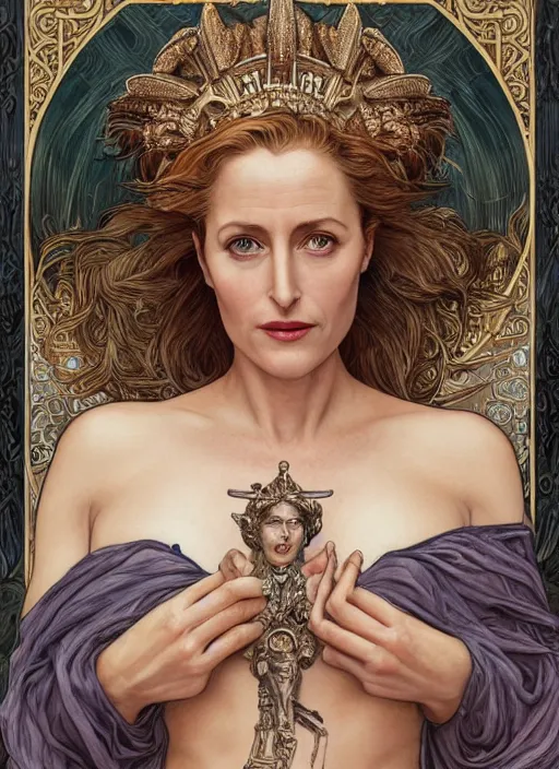 Prompt: Gillian Anderson as a Roman Goddess, beautiful detailed eyes, cute, fantasy, intricate, elegant, highly detailed, digital painting, 4k, HDR, concept art, detailed jewelry, smooth, sharp focus, illustration, art by Artgerm, H R Giger and Alphonse Mucha , tarot card