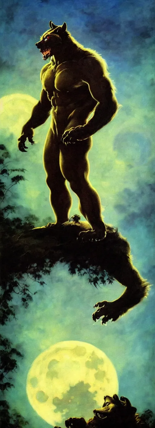 Prompt: by frazetta , close up of realistic werewolf , full body backlight ,top light ,full body portrait ,highly textured oil painting ,jungle ,cyan graveyard with backlight from the moon ,foggy background ,with dramatic sky ,clouds and giant oversized moon and storm