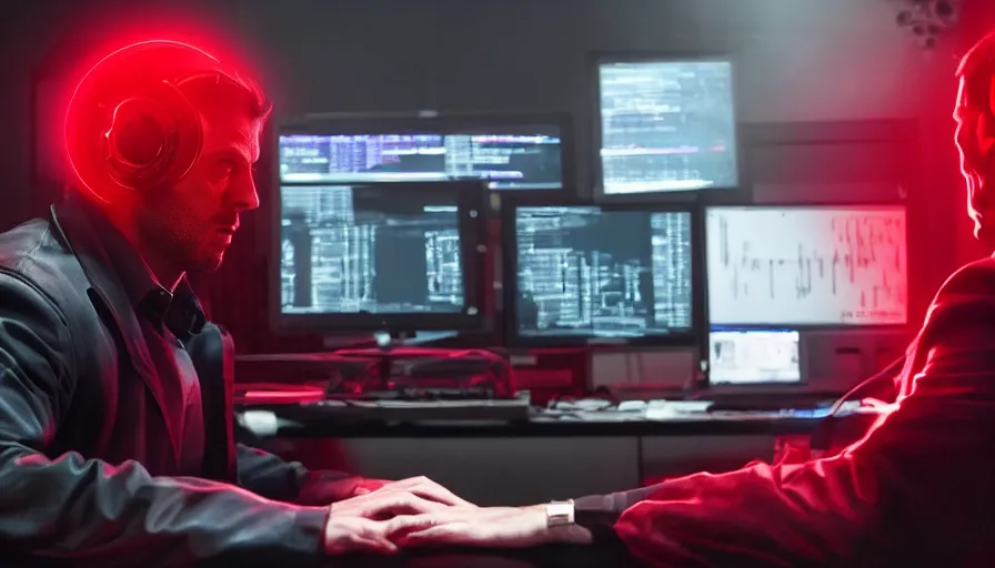 Image similar to big budget action movie about an evil scientist using a computer, a red glow is coming from the screen