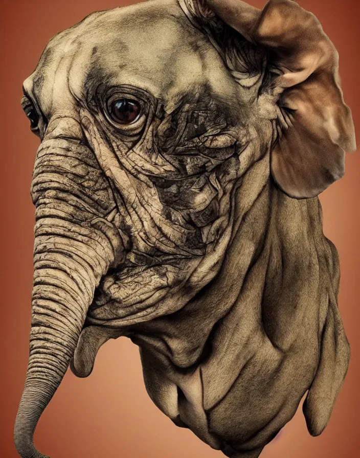 Prompt: portrait of muscular animal human merged head skin ears, without background, fit in frame, scales skin dog, cat merged elephant head cow, chicken face morphed fish head, gills, horse head animal merge, morphing dog head, animal eyes, merging crocodile head, anthropomorphic creature