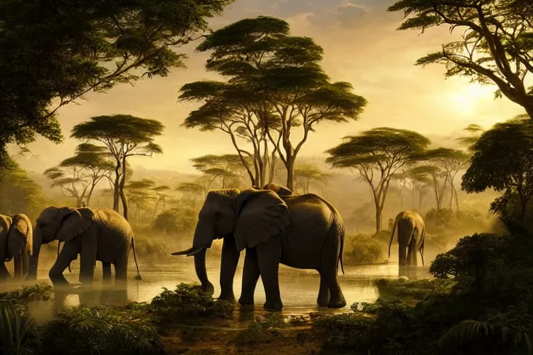 Image similar to African elephants in the jungle, beautiful dynamic lighting, cinematic, wide angle establishing shot, extremely high detail, photo realistic, cinematic lighting, post processed, concept art, artstation, matte painting, style by frederic church, raphael lacoste, alex ross
