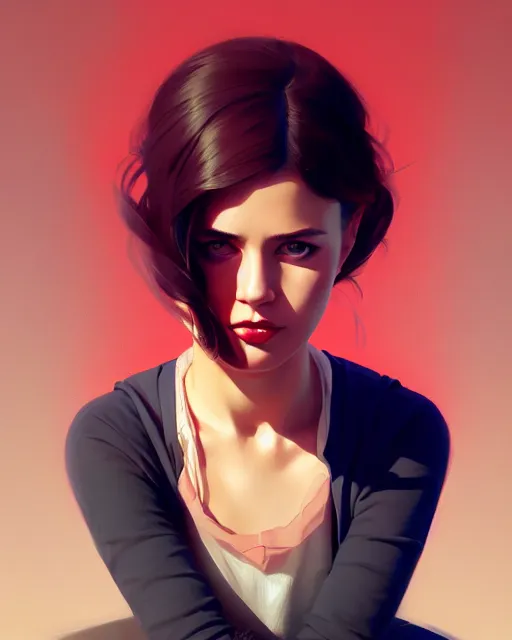 Image similar to stylized portrait by aykutmakut of an artistic pose, composition, young cute serious fancy lady, cinematic moody colors, realistic shaded, fine details, realistic shaded lighting poster by ilya kuvshinov, magali villeneuve, artgerm, jeremy lipkin and michael garmash and rob rey