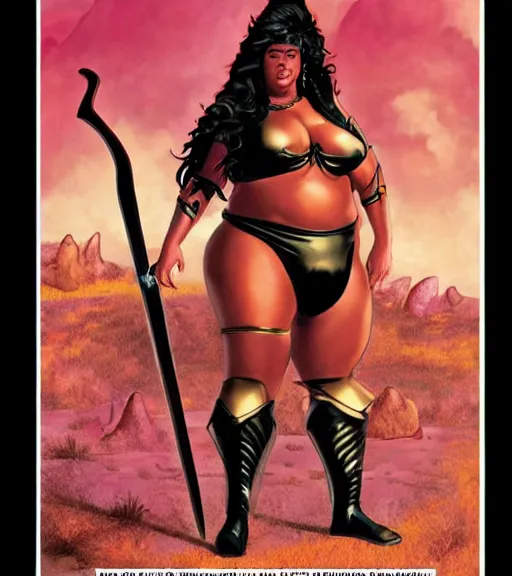 Prompt: 1 9 8 0 s fantasy novel book cover, bbw plus size amazonian zendaya in extremely tight bikini armor wielding a cartoonishly large sword, exaggerated body features, dark and smoky background, low quality print