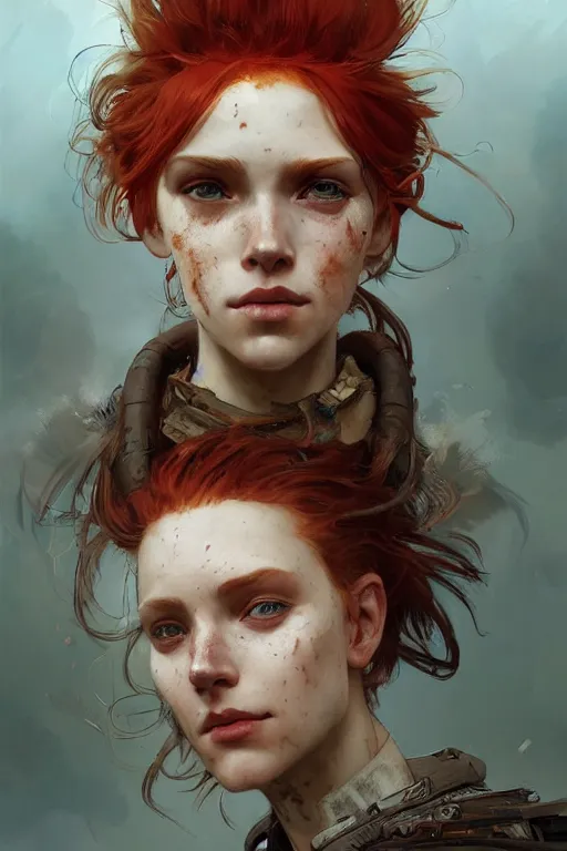 Image similar to A full portrait of a beautiful post apocalyptic red haired, gap toothed, freckled explorer, intricate, elegant, highly detailed, digital painting, artstation, concept art, smooth, sharp focus, illustration, art by Krenz Cushart and Artem Demura and alphonse mucha