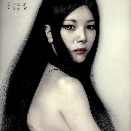 Prompt: A young woman with black and white hair looking disgusted away from the camera, Portrait by Noriyoshi Ohrai