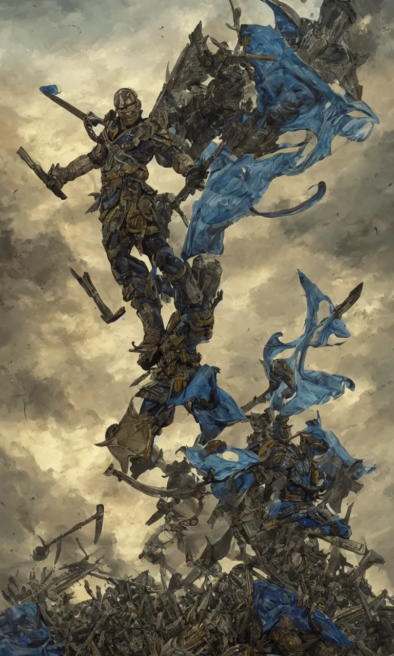 Image similar to a distant shot of a super soldier with blue and yellow flag and a trident symbol standing alone on a huge pile of skulls as a winner, masculine figure, D&D, fantasy, intricate, elegant, highly detailed, extremely detailed, digital painting, artstation, concept art, matte, smooth, sharp focus, illustration, art by Artgerm and Greg Rutkowski and Alphonse Mucha