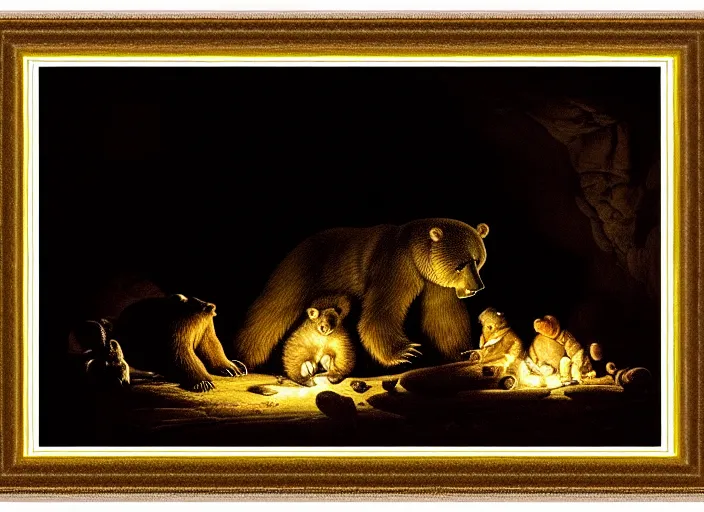 Image similar to Pieter Claesz's 'bear and her cubs sleeping in a dark cave lit by campfire', night time, cross hatching, framed