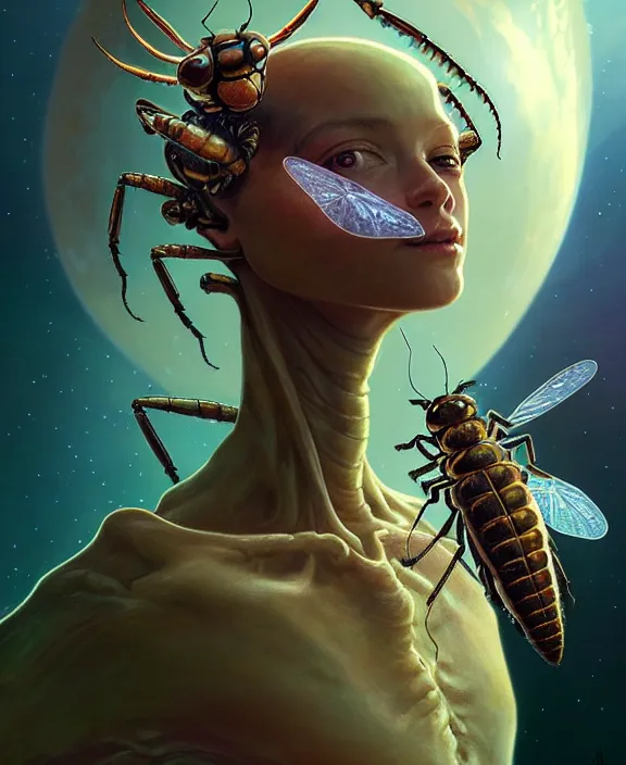 Image similar to portrait of a alien insect monster, adorable, childlike, milky way environment, ultra realistic, concept art, intricate details, cheerful, highly detailed, photorealistic, octane render, 8 k, unreal engine. art by christopher marley and artgerm and greg rutkowski and alphonse mucha