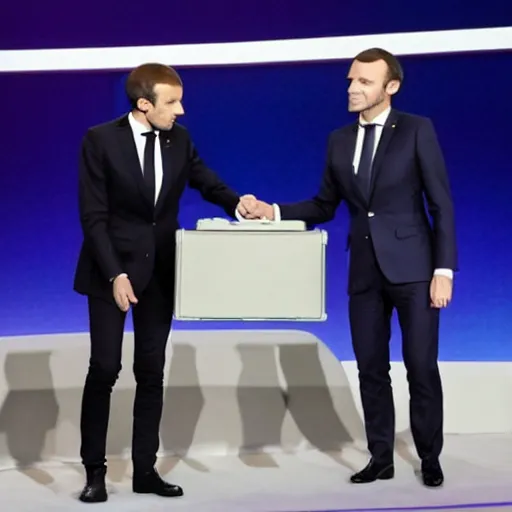 Prompt: Emmanuel Macron giving a briefcase of money to Walter White