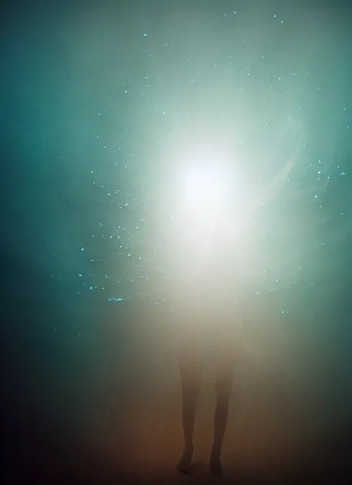 Prompt: crystallized human silhouette, large diffused glowing aura, long exposure, film grain, cinematic lighting, concept art, maximum detail, cgsociety, underwater, reflections
