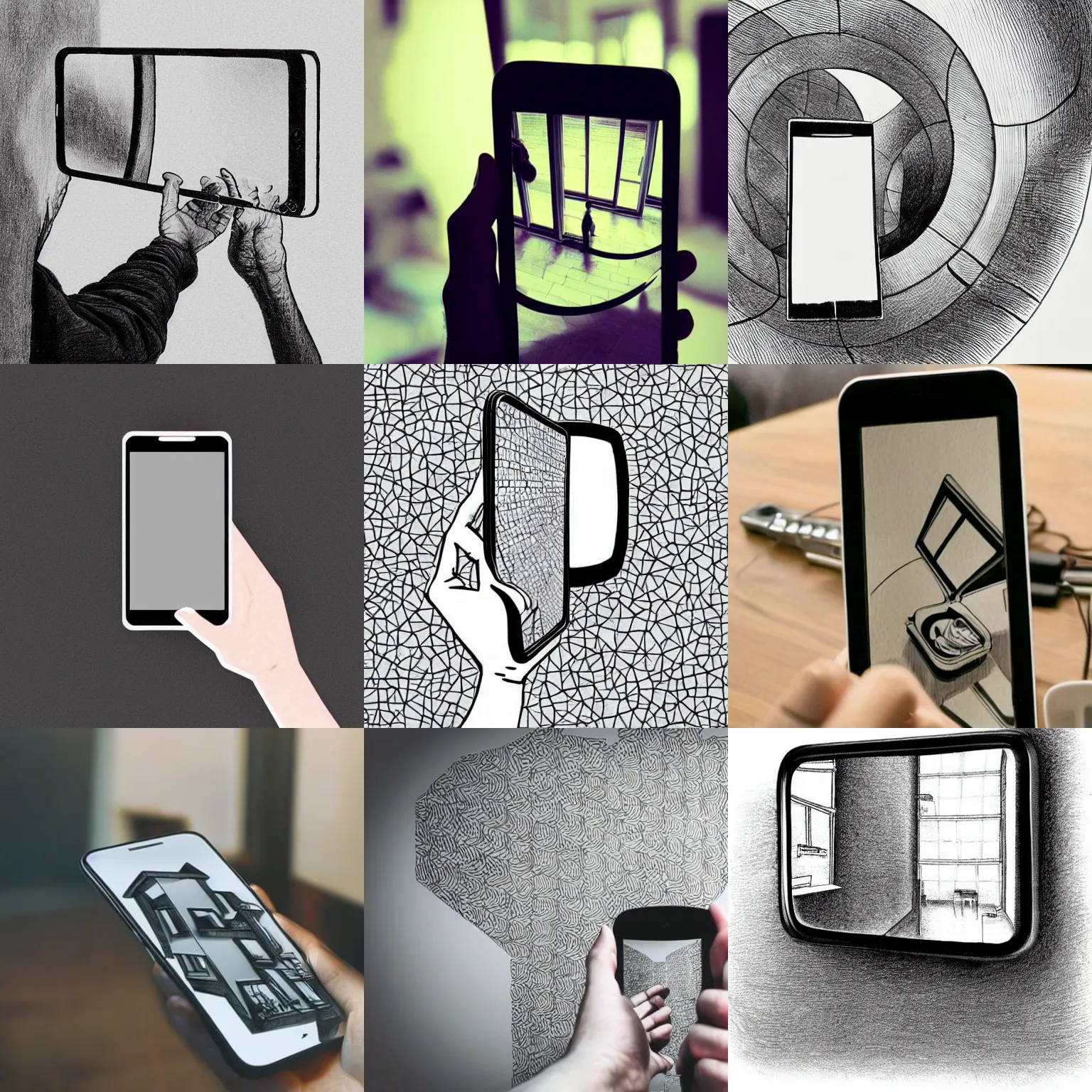 Prompt: a floating smart phone taking a picture of itself in a mirror, the phone contains a reflection of a phone, infinite recursion, ink drawing, in the style of m. c. escher