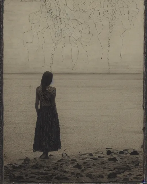 Image similar to a woman standing at the shore, made of intricate decorative lace leaf skeleton, in the style of the dutch masters and gregory crewdson, dark and moody