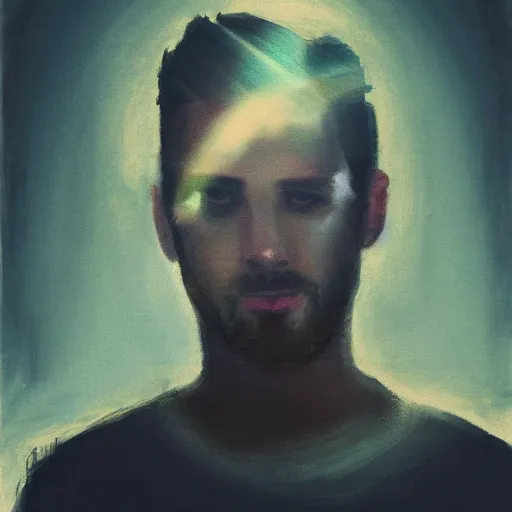 Prompt: A acrylic-styled portrait of a man in looking up into a light in awe, spot lighting, studio lighting, high contrast, dreamy, ethereal, visible brush strokes