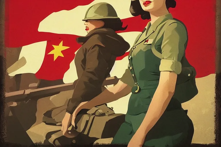 Image similar to communist Propaganda poster Margot Robbie in WW2 uniform by moebius and atey ghailan by james gurney by vermeer by George Stubbs full body full body full body full body trending on artstation vector art vector art vector art vector art inspirational