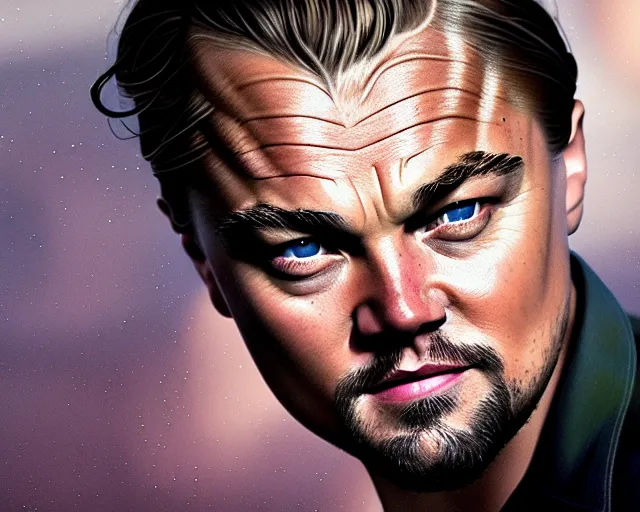 Prompt: medium shot portrait of leonardo dicaprio in don't look up, octane render, redshift, smooth, illustration, fairy lighting, clouds in the background, hyperrealistic, by dmitry prozorov, loish, and wlop, trending on artstation, hyperdetailed, hyperrealism