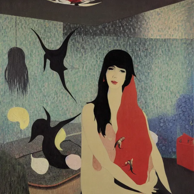 Image similar to tall emo female artist holding a starfish in her flooded kitchen, pomegranates, octopus, water gushing from ceiling, painting of flood waters inside an artist's apartment, a river flooding indoors, ikebana, zen, rapids, waterfall, black swans, canoe, berries, acrylic on canvas, surrealist, by magritte and monet