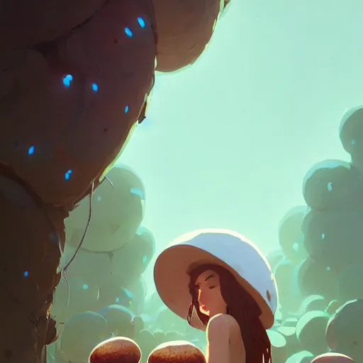 Image similar to portrait of the mushroom goddess by atey ghailan, by greg rutkowski, by simon stalenhag, by greg tocchini, by james gilleard, by joe fenton, by kaethe butcher dynamic lighting, gradient light blue, brown, blonde cream and white color scheme, grunge aesthetic