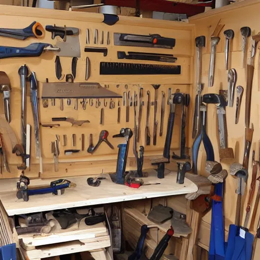 Image similar to A wood workers workshop with a lot of tools