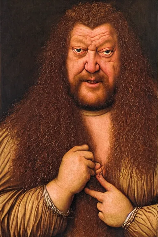 Image similar to portrait of hulking herculean bodybuilder hagrid, oil painting by jan van eyck, northern renaissance art, oil on canvas, wet - on - wet technique, realistic, expressive emotions, intricate textures, illusionistic detail