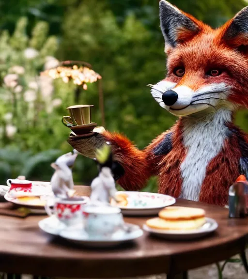 Image similar to film still from the movie chappie outdoor park plants garden scene bokeh depth of field sitting down at a table having a delicious grand victorian tea party crumpets close up masterpiece portrait of a furry anthro anthropomorphic stylized fox wearing dress