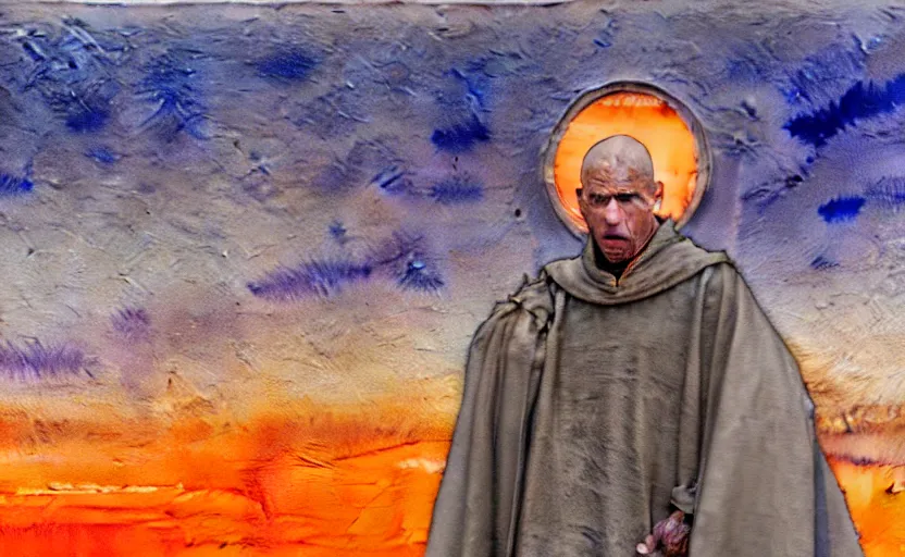 Prompt: a hyperrealist watercolor concept art of a medieval monk in grey robes with an orange sunset sky. in the background is a time portal acting as a window to a different world showing a bright blue sky. very muted colors, by rebecca guay, michael kaluta, charles vess. high detail, hq, wide shot, 4 k