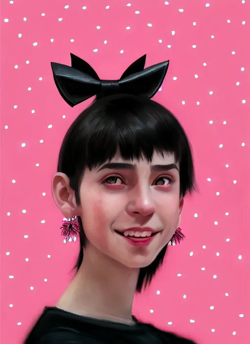 Image similar to portrait of teenage girl, realistic, black hair, bangs, half updo hairstyle, pointy nose, skinny, smile, ugly, defined jawline, big chin, pink hair bow, earrings, intricate, elegant, glowing lights, highly detailed, digital painting, artstation, sharp focus, illustration, art by wlop, mars ravelo and greg rutkowski