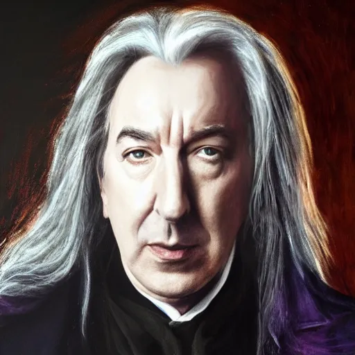 Prompt: A portrait of Alan Rickman depicted as Albus Dumbledore, oil painting