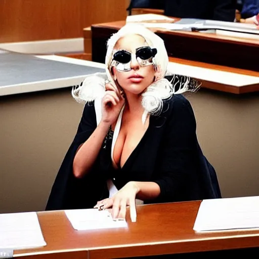 Image similar to lady gaga in the witness stand of a courtroom pointing at the hamburgler who is sitting at the defendant ’ s table