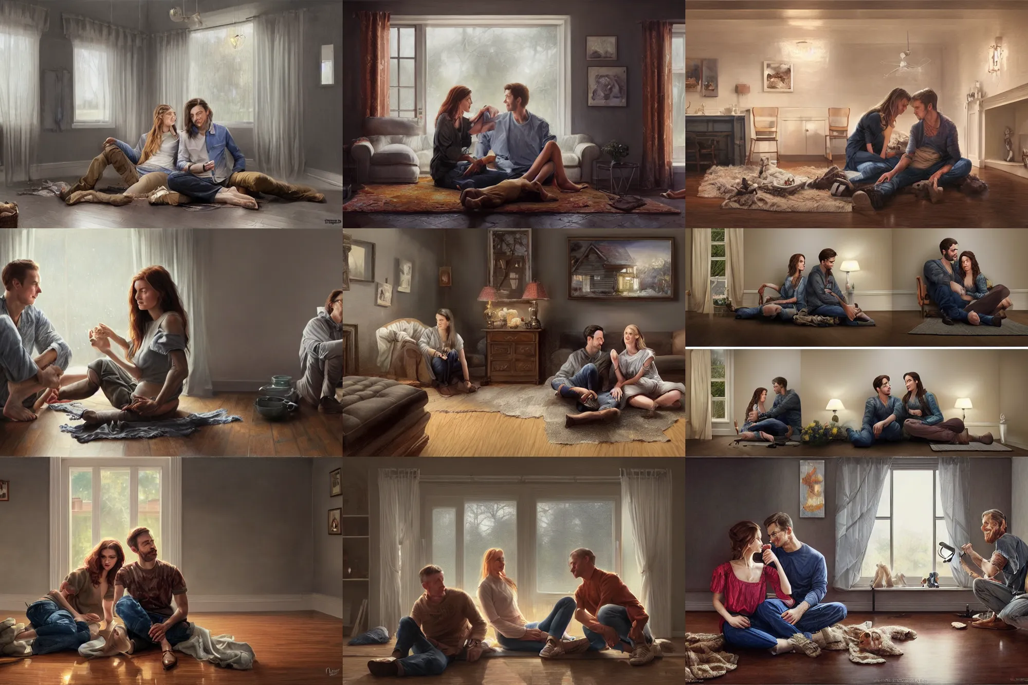 Prompt: husband and wife sitting on the floor while holding each other | living room of a modern kentucky house, storm outside, very dark lighting | fully clothed | highly detailed | very intricate | symmetrical | cinematic lighting | award - winning | closeup portrait | painted by donato giancola and mandy jurgens and rossdraws and rhads | featured on artstation