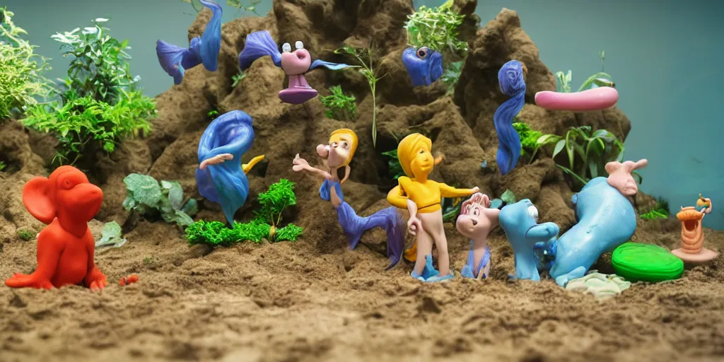 Prompt: plasticine model in water. figures clay. siamese fighting fish. clay figure. surreal. tropical fish tank with sand. strange. weird. astrix and obelisk. tintin. hands. tank. wallace and gromit. aquatic photography. photorealistic. waiting room