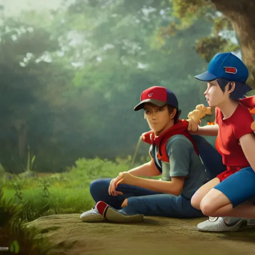 Image similar to a photorealistic illustration of ash ketchum and brock and misty in squid game, 4 k, aerial photography, ultrawide lens, art by john collier and albert aublet and krenz cushart and artem demura and alphonse mucha, volumetric lighting, octane render, trending on artstation, masterpiece