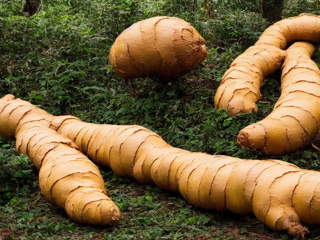 Image similar to worlds largest ginger root, giant ginger root, sigma 85mm, huge, hyperrealistic