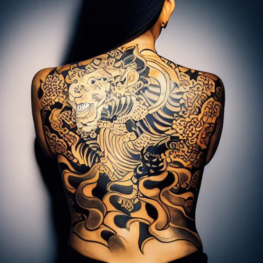 Image similar to photography of the back of a woman with a black detailed irezumi tatto representing a gold tiger with flowers, mid-shot, dark background, editorial photography