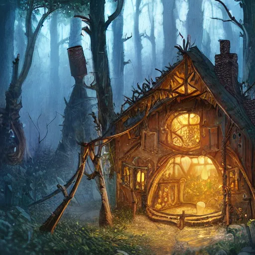 Image similar to a storybook illustration of a ramshackle multistory fairytale hut in the forest, intricate, elegant, fantasy, highly detailed, digital painting, concept art, sharp focus, trending on artstation