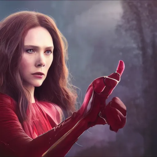 Image similar to movie still of scarlet witch rewriting the fabric of reality, photorealistic art style, futurism aesthetic, artstation, cgsociety contest winner