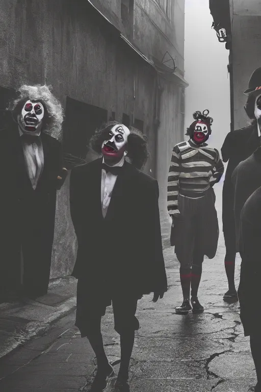 Image similar to a group of men dressed as clowns walking down a dark foggy alley