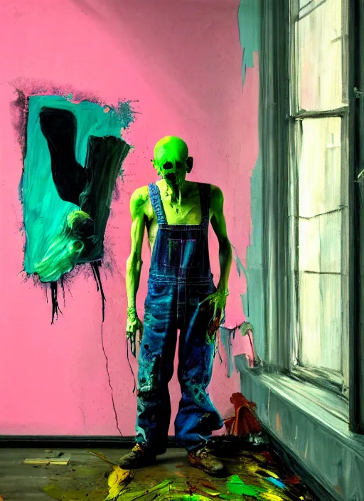 Prompt: an insane, skinny, artist wearing dirty, torn overalls, expressive painting the walls inside a grand messy studio, depth of field, hauntingly surreal, highly detailed painting by francis bacon, edward hopper, adrian ghenie, glenn brown, soft light 4 k in pink, green and blue colour palette, cinematic composition, masterpiece