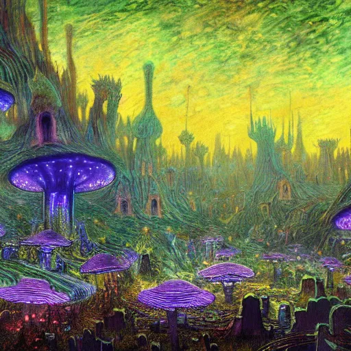 Image similar to concept art detailed painting of a dark purple fantasy fairytale fungal town made of mushrooms, with glowing blue lights, in the style of wayne barlowe and vincent van gogh and albert bierstadt and claude monet